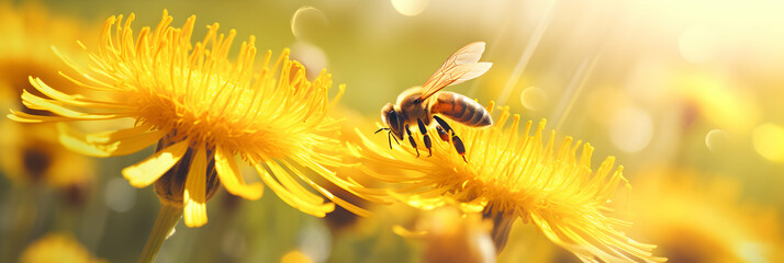 Macro shot illustration of a bee collecting pollen on a yellow blooming flower in a meadow. Seasonal spring or summer background. Banner with copy space. Colorful bokeh. Generative AI. - obrazy, fototapety, plakaty