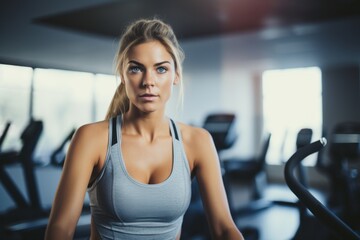 Close-up portrait photography of a focused girl in her 30s practicing elliptical bike in an empty room. With generative AI technology