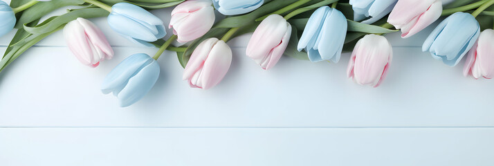 Long wide banner with tulips on a light stone background. Free copy space for text. Greetings card idea, invitation for wedding reception ora valentines mother's day. Generative AI. - obrazy, fototapety, plakaty