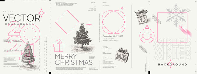 Merry Christmas and Happy New Year! 2024. Modern minimalistic Christmas banner. Vector illustration with elements of typography. Vector geometric objects. Trendy retro style.