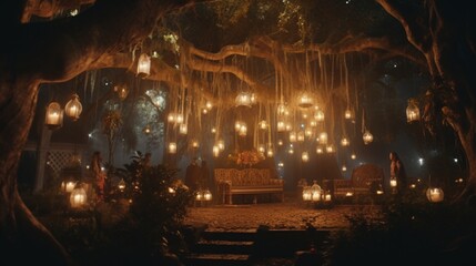 A nighttime wedding including an abundance of antique lamps and candles atop a large tree