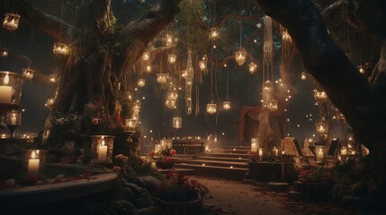 A nighttime wedding including an abundance of antique lamps and candles atop a large tree - obrazy, fototapety, plakaty