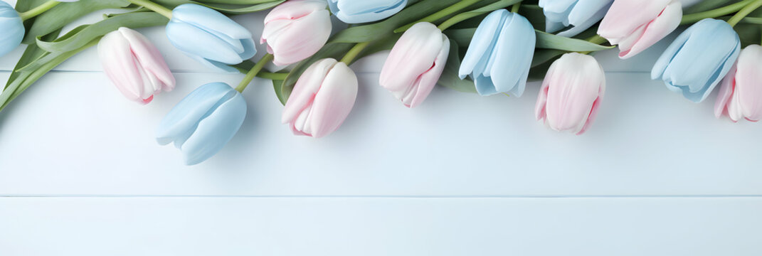 Long wide banner with tulips on a light stone background. Free copy space for text. Greetings card idea, invitation for wedding reception ora valentines mother's day. Generative AI.