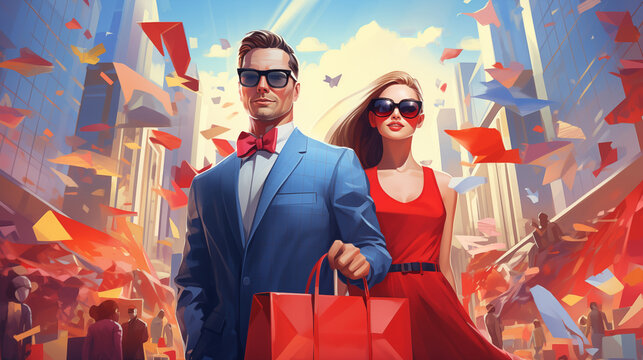 a couple carrying bags walking across a city. Fantasy concept , Illustration painting.