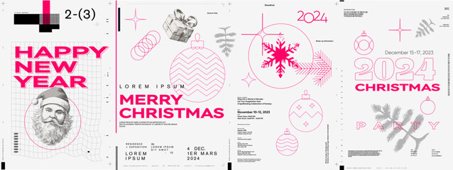 Merry Christmas and Happy New Year! 2024. Modern minimalistic Christmas banner. Vector illustration with elements of typography. Vector geometric objects. Trendy retro style.