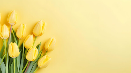 Lovely pastel yellow tulips bunch, floral border at light yellow background, top view. Layout for springtime holidays. Mother's Valentines day greeting card. Blank copy space for text. Generative AI.