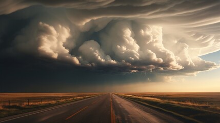 A road that goes into the distance is covered with storm clouds, producing a really striking scene. United States of America, North Dakota - Powered by Adobe