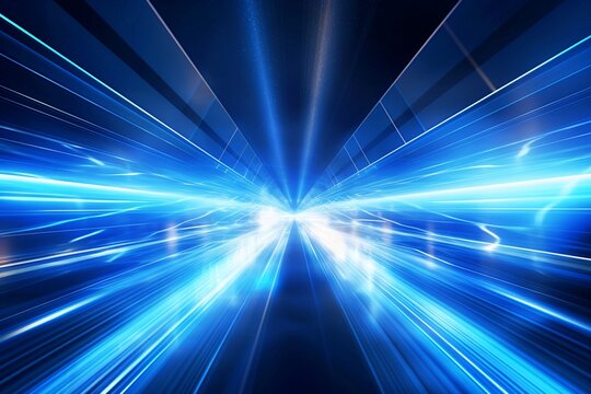 abstract, science-based, futuristic energy technology. Digital picture with blue-tinged stripes, motion blur, and light beams on a dark blue background