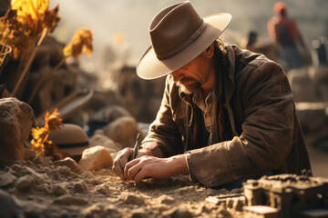 An archaeologist carefully excavating ancient artifacts, unraveling the mysteries of history....