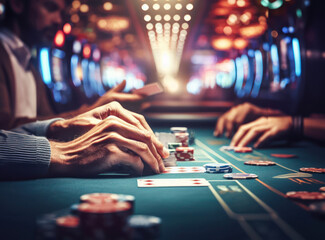 Fototapeta premium Player in casino, cards and poker chips on green felt table, closeup