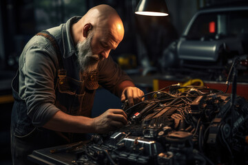 A mechanic fixing a car's engine with precision and expertise. Concept of automotive maintenance and craftsmanship. Generative Ai.
