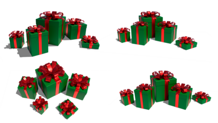 Five gift boxes on a white background. Boxes with a surprise. Birthday gifts. Green box with a red bow. 3D render