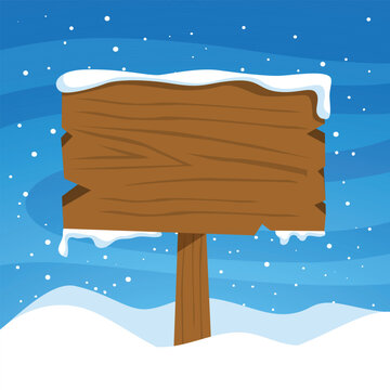 Christmas wood sign on winter background. Christmas wooden street signboad with snow. Christmas banner. Vector stock