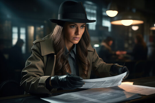 A female detective solving a complex case, showcasing intelligence and determination. Concept of crime-solving and investigation. Generative Ai.