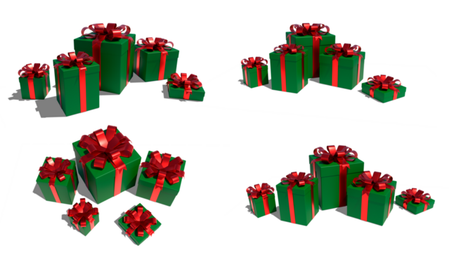 Five gift boxes on a white background. Boxes with a surprise. Birthday gifts. Green box with a red bow. 3D render