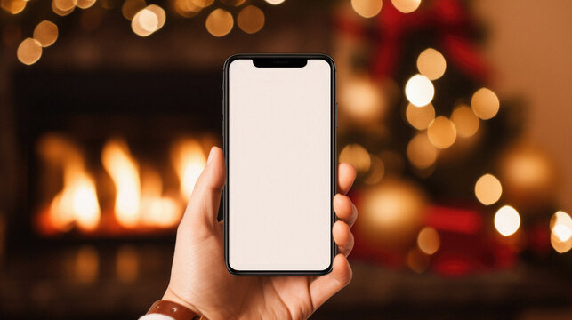 Mockup image of male hand holding black smartphone with blank white screen on background of Christmas tree and fireplace.