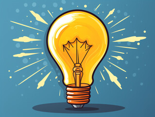 Fototapeta na wymiar Ideas and creativity conceptual image. A bright and bright light bulb indicates the emergence of a solution to a problem. Cartoon style illustration.