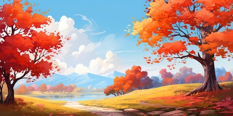 Naklejka na ściany i meble Enchanting Fall Splendor Sunlit Road Amidst Majestic Autumn Trees, Generative AI