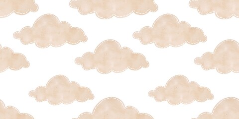 Seamless beige cloud pattern in watercolor style on an isolated background, kid doodle for interior wall, texture, wrapping paper and card
