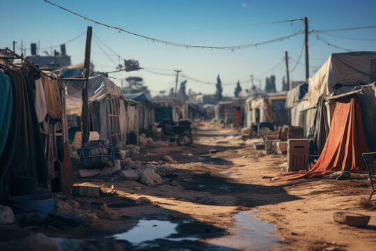 A refugee camp, emphasizing the humanitarian crisis and displaced populations. Generative Ai.