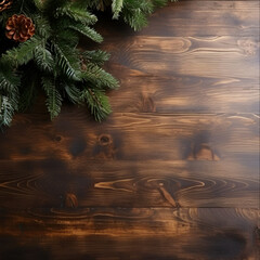 wooden empty table on background of Christmas tree, top view