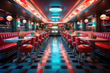 A classic American diner with checkered floors and neon signs, representing the quintessential...