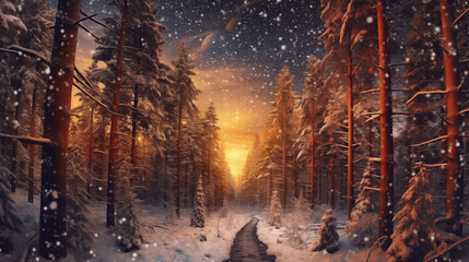 Wintermärchenlandschaft bei Nacht, Generative KI