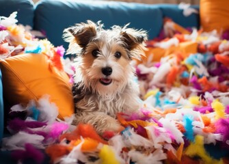 A Cute Destructive Pooch Enjoying a Cozy Nest of Soft Feathers and Stuffing it's Just Ripped Out of the Couch