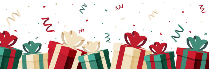 Cadeaux et confettis pour les fêtes de Noël - Illustrations vectorielles festives pour célébrer les fêtes de fin d'année - Cadeaux emballés et bolduc - Décorations de Noël - Vert, rouge et beige  - obrazy, fototapety, plakaty