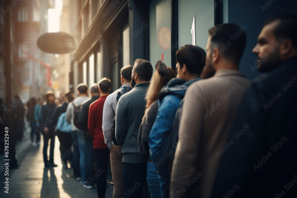 Canvas Prints A line of people waiting in front of a tax office during the tax season. Concept of tax agency services. Generative Ai.