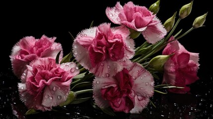 beautiful bouquet of pink carnation on a black background with water drops. Springtime Concept. Valentine's Day Concept with a Copy Space. Mother's Day.