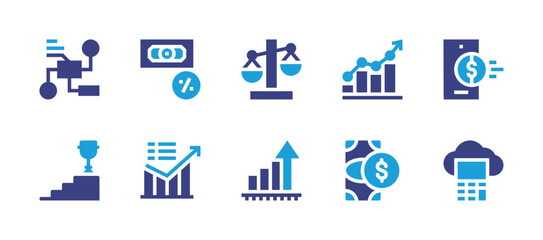 Business icon set. Duotone color. Vector illustration. Containing strategy, increase, success, cash, balance, bar graph, interest rate, online banking, chart, cloud.