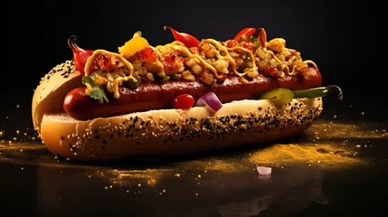 Foto op Aluminium Crunchy Chicago Hot Dog: Savory Delight with Relish, Mustard, and Chili on a Solid Background © RafiUllah