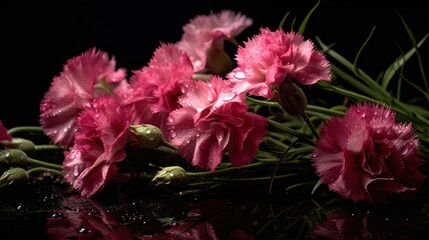 pink Dianthus on a black background with water drops and reflection. Springtime Concept. Valentine's Day Concept with a Copy Space. Mother's Day.