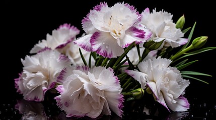 Naklejka na ściany i meble Bouquet of white and pink Dianthus on a black background. Springtime Concept. Valentine's Day Concept with a Copy Space. Mother's Day.