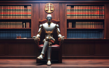 AI robot judge decides cases modern judicial system Judge with automation from Android - obrazy, fototapety, plakaty