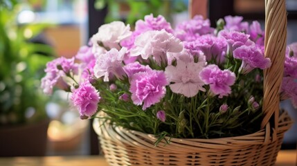 Obraz na płótnie Canvas Bouquet of purple and pink carnation flowers in a basket. Springtime Concept. Valentine's Day Concept with a Copy Space. Mother's Day.