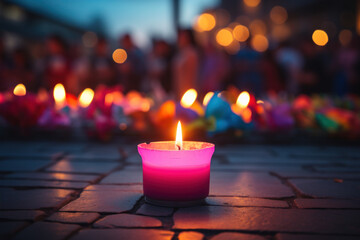 A person lighting a candle at a vigil to honor victims of homophobia, transphobia, and biphobia....