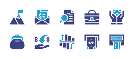 Business icon set. Duotone color. Vector illustration. Containing achievement, bag, tax, money, purse, cash point, bar chart, atm, profit, search.