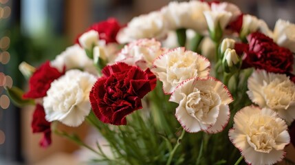 Bouquet of red and white carnations in a vase. Springtime Concept. Valentine's Day Concept with a Copy Space. Mother's Day.
