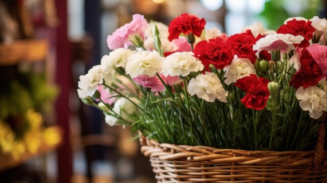 Basket of Dianthus flowers in a flower shop, stock photo. Springtime Concept. Valentine's Day Concept with a Copy Space. Mother's Day.