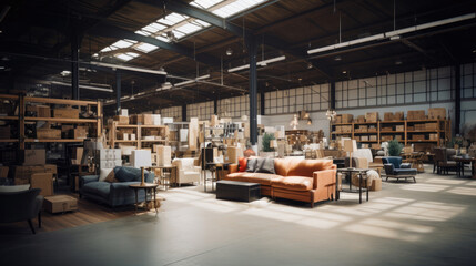 A view of a busy warehouse filled with furniture options