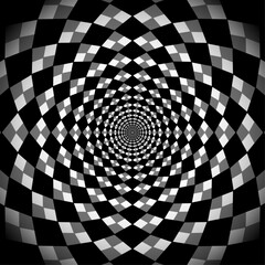 Hypnotic background, optical spiral illusion. Optical Checkered Circle Classic circular Op Art design in black and white color. Vector illustration in square shape