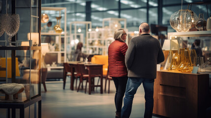 Shoppers inspecting the quality of furniture on display - obrazy, fototapety, plakaty