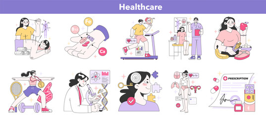 Healthcare set. Diverse wellness activities and medical check-ups. Holistic approach to well-being. Flat vector illustration