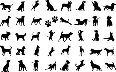 Dog Silhouettes Vector Illustration: Black and white pet featuring different breeds, paw print, isolated on white background. Perfect for dog lovers, pet businesses, and animal themed designs
