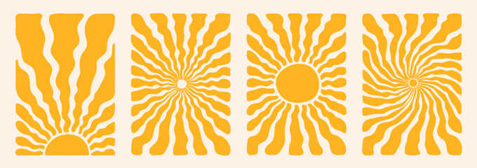 Groovy retro abstract sun backgrounds. Organic doodle shapes in trendy naive hippie 60s 70s style. Contemporary poster print banner template. Vertical Wavy vector illustration in yellow colors. - obrazy, fototapety, plakaty