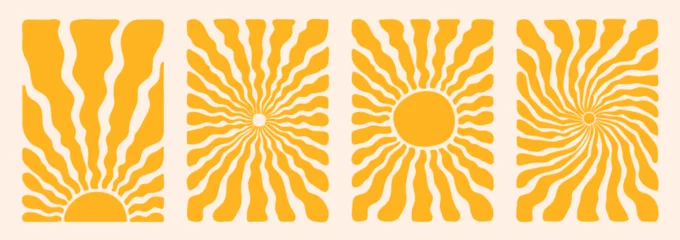 Foto op Plexiglas Groovy retro abstract sun backgrounds. Organic doodle shapes in trendy naive hippie 60s 70s style. Contemporary poster print banner template. Vertical Wavy vector illustration in yellow colors. © Martyshova