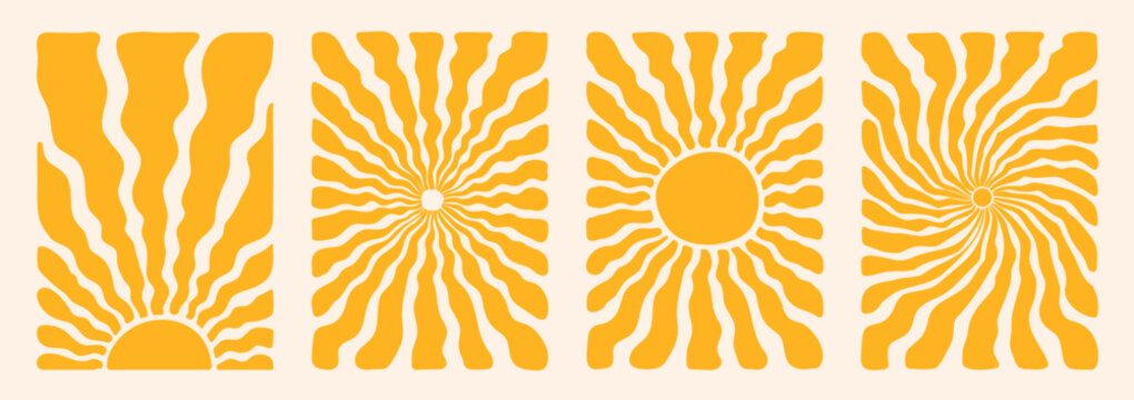 Groovy retro abstract sun backgrounds. Organic doodle shapes in trendy naive hippie 60s 70s style. Contemporary poster print banner template. Vertical Wavy vector illustration in yellow colors.