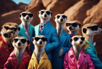 Creative animal concept Meerkat in a group vibrant bright fashionable outfits isolated on solid background